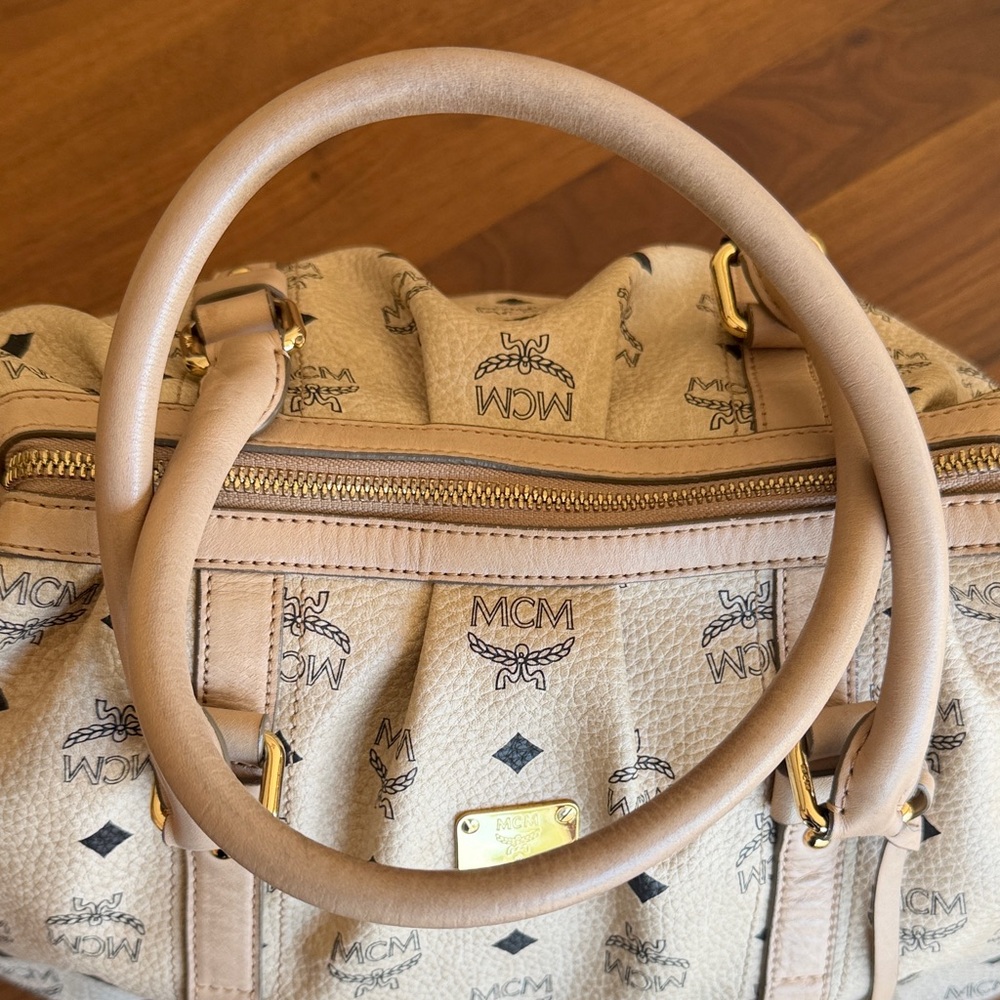 MCM Beige Visetos Leather Boston Bag with Gold Hardware - Picture 12 of 14